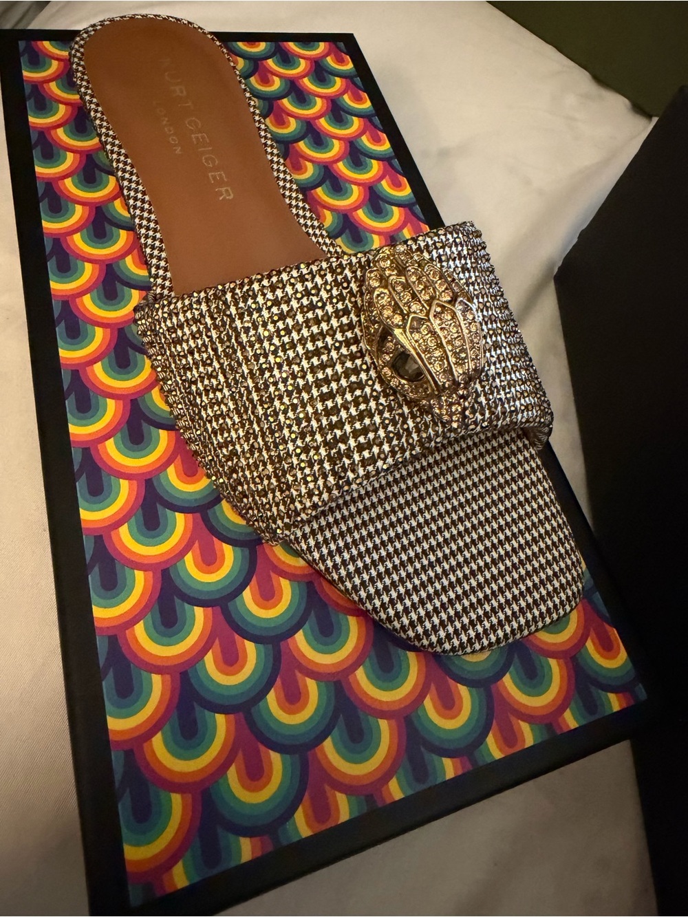 Kurt Geiger Black & White Houndstooth Slide with Gold Jewel Accent